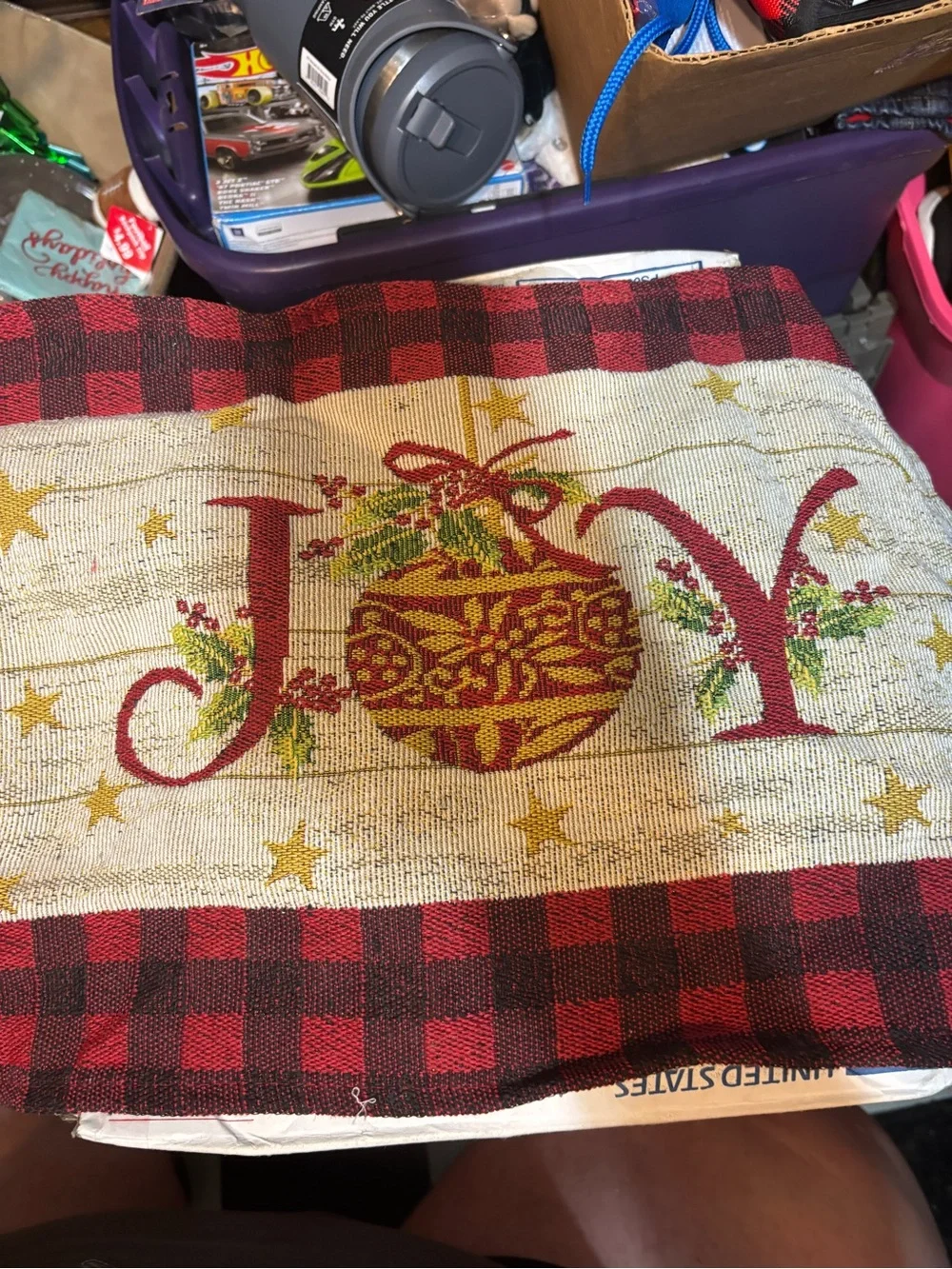 Holiday 'JOY' Decorative Kitchen tapestry placemat - Red and Gold Plaid new